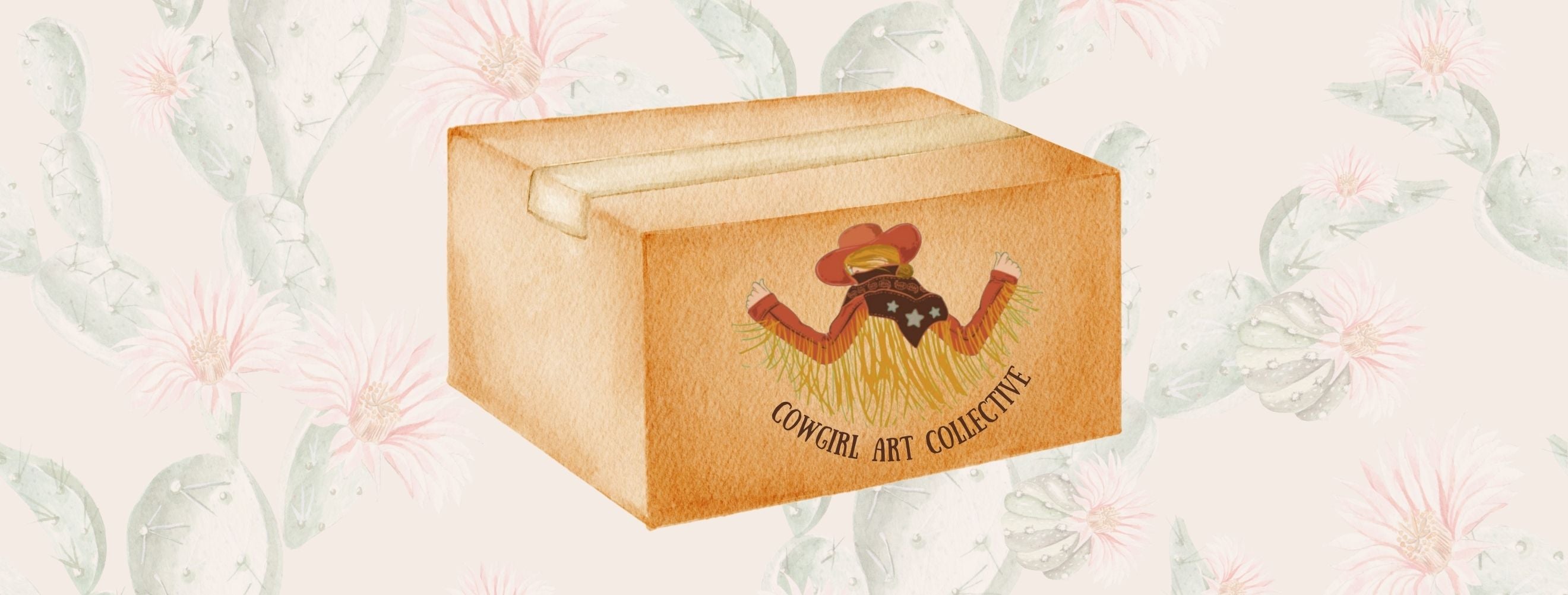 subscription box with cowgirl art collective logo with a cactus artwork background