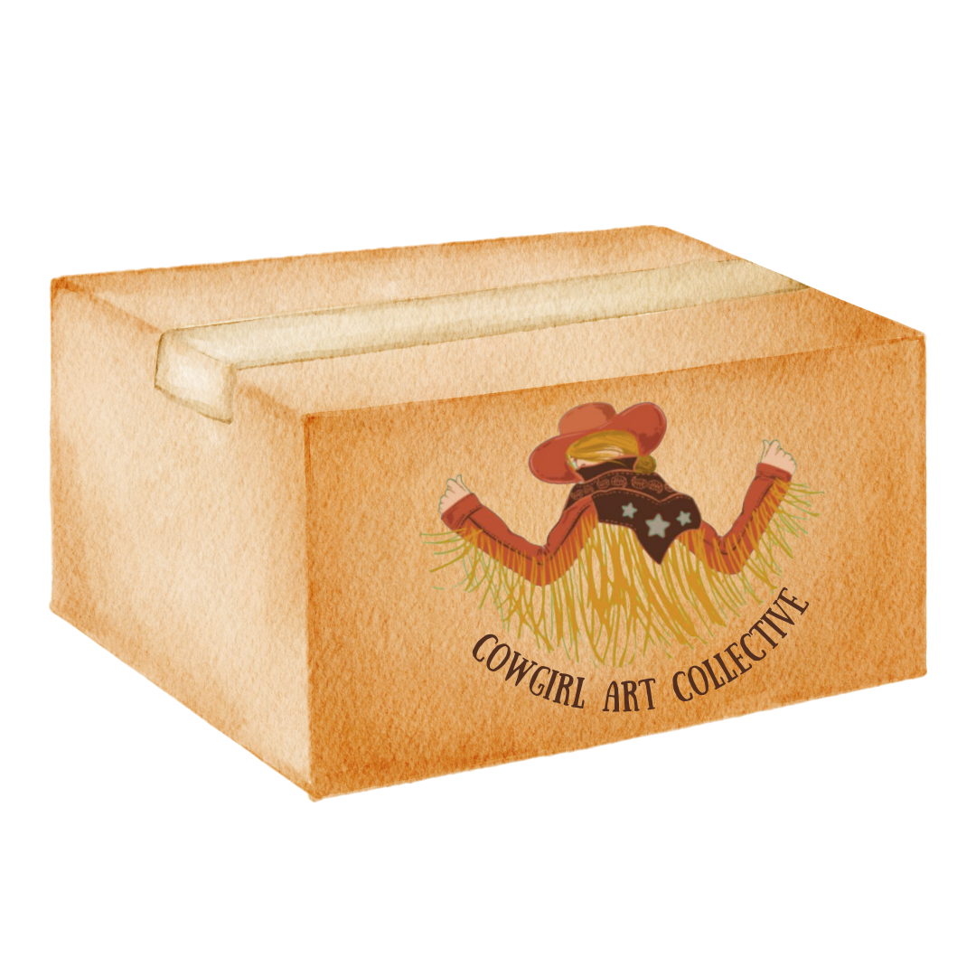 creative illustration of the subscription box with the cowgirl art collective logo on it