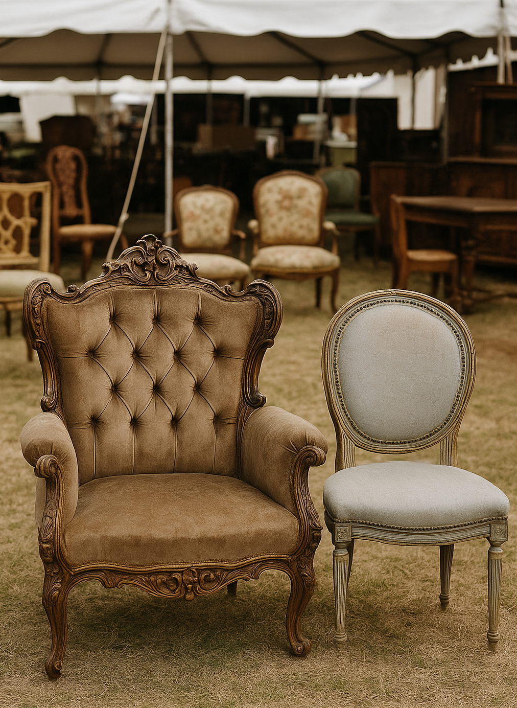 Vintage-style chairs on a grassy outdoor setting at a antique fair
