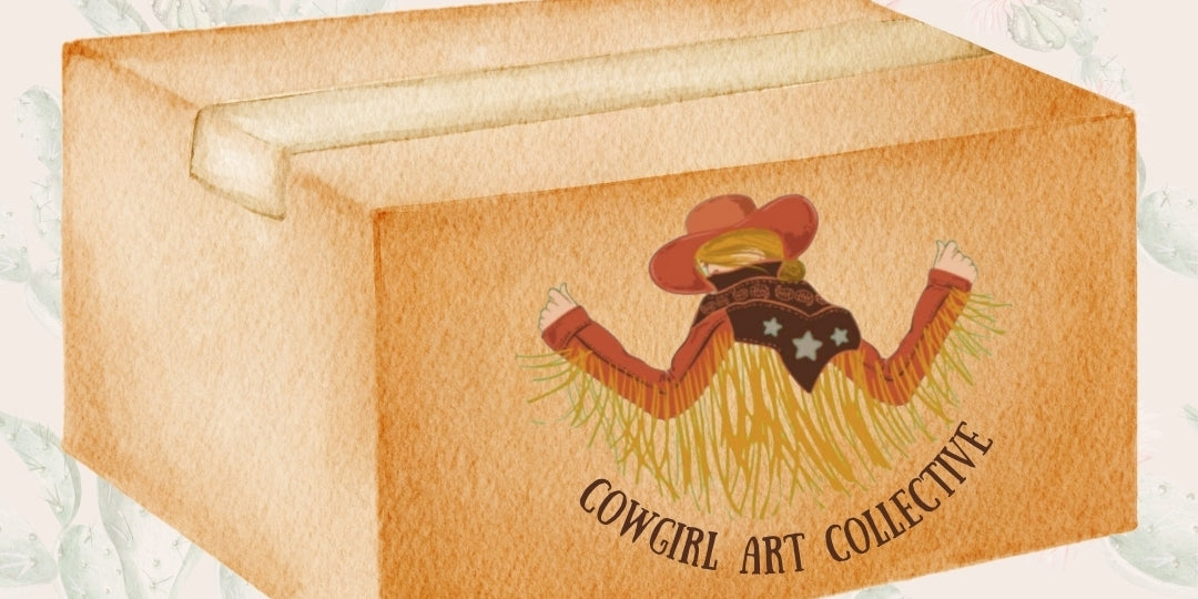 illustration of box with cowgirl art collective logo