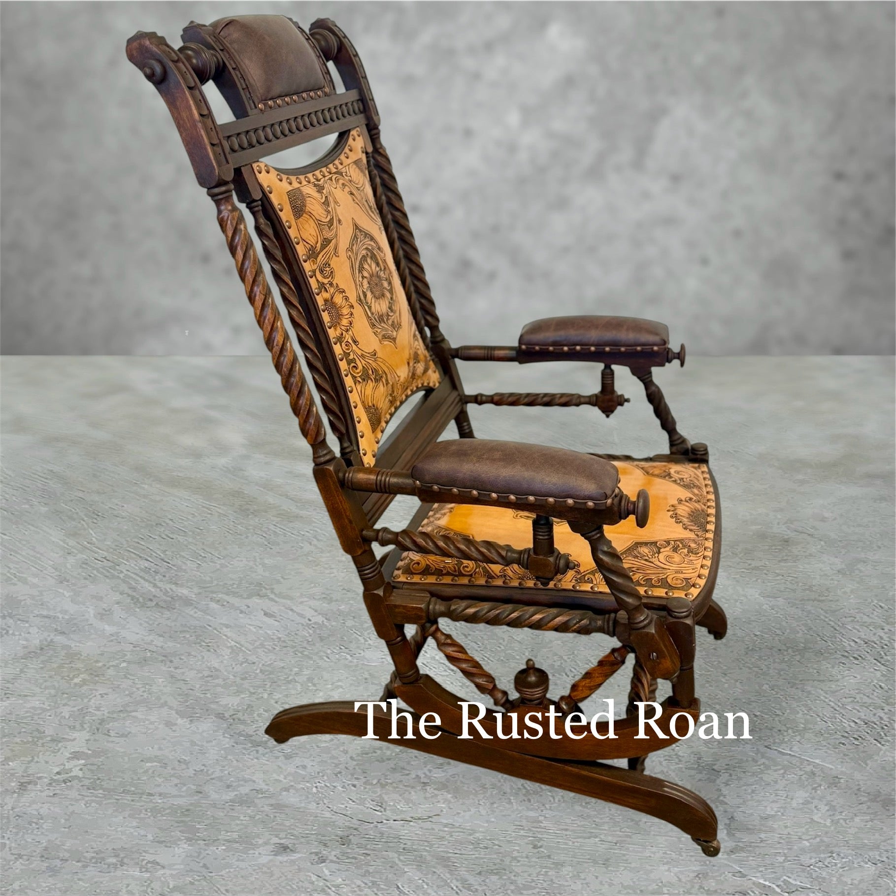 hand tooled sunflower leather upholstered rocking chair side view