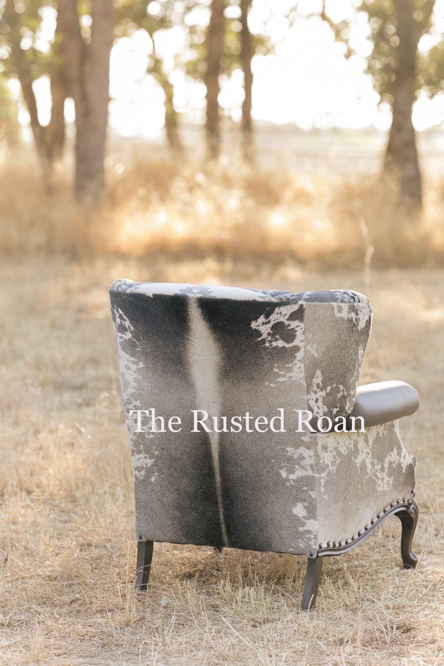 back view of western wingback chair shown outside