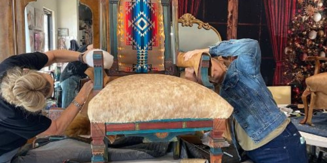 instructor and student working on a chair at a Rusted Roan workshop