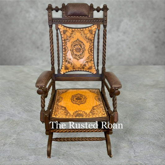 hand tooled sunflower leather upholstered rocking chair