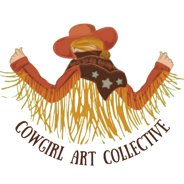 Logo of the Cowgirl Art Collective featuring a stylized illustration of a cowgirl in a fringed outfit.