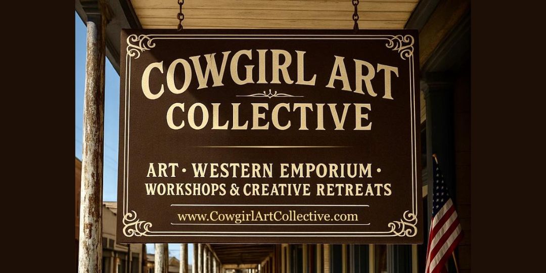 Sign for Cowgirl Art Collective with decorative elements on a building exterior.