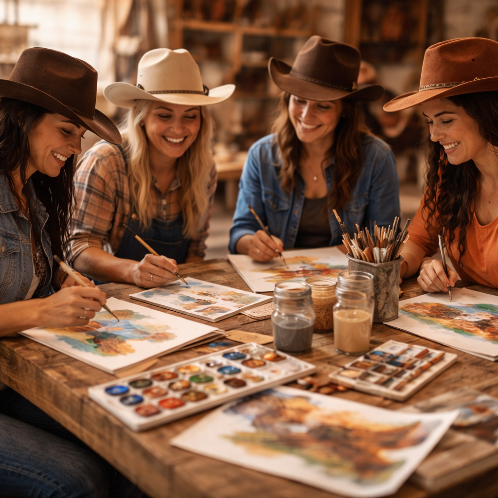 Four women in cowboy hats painting at a table in a rustic setting