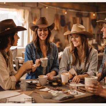 Four women wearing cowboy hats sitting around a table, enjoying coffee in a cozy indoor setting.