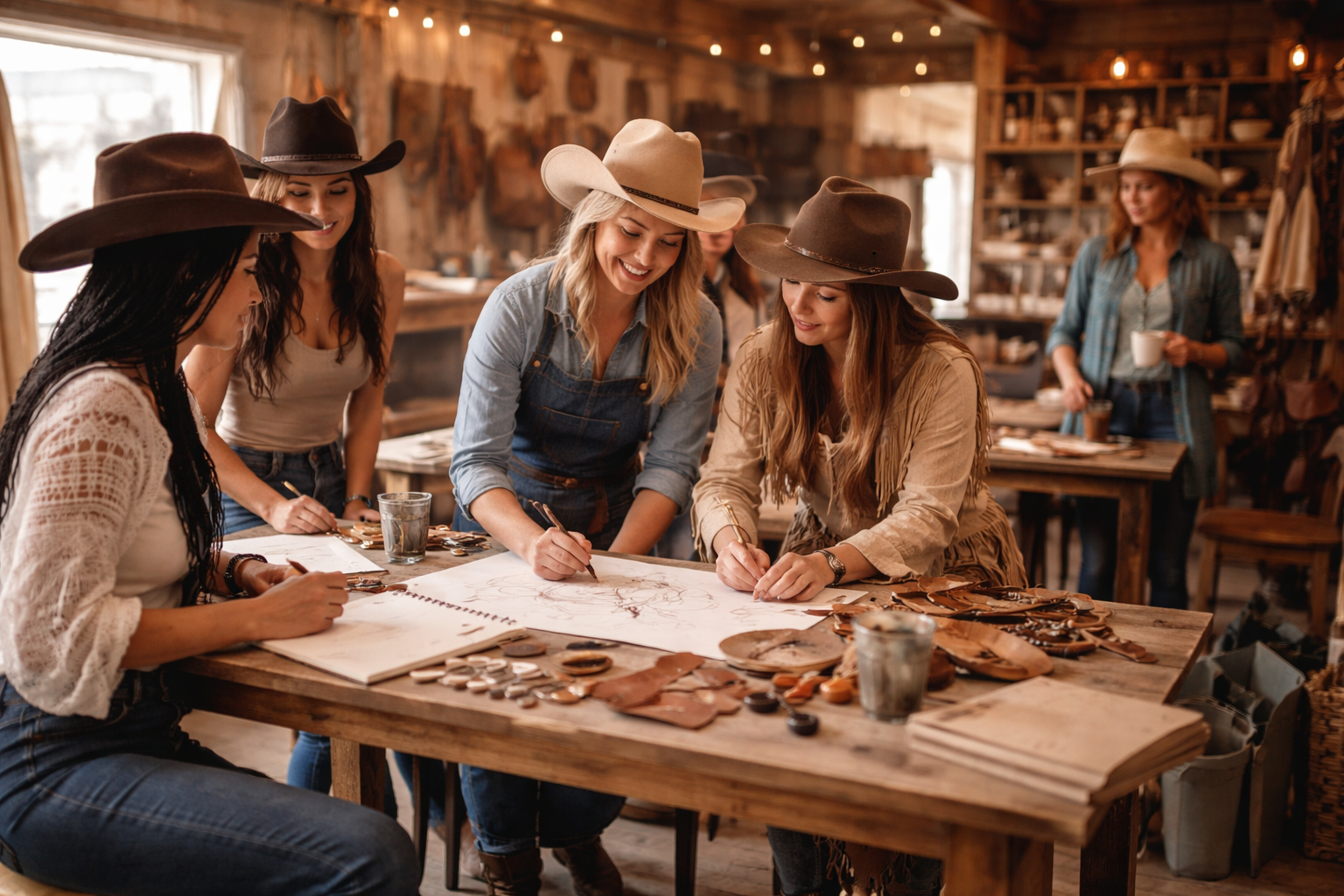 Group of women in a workshop setting, working on art projects.