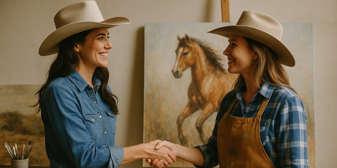 Two cowgirls shaking hands with horse artwork in the background for a cowgirl collective collaboration