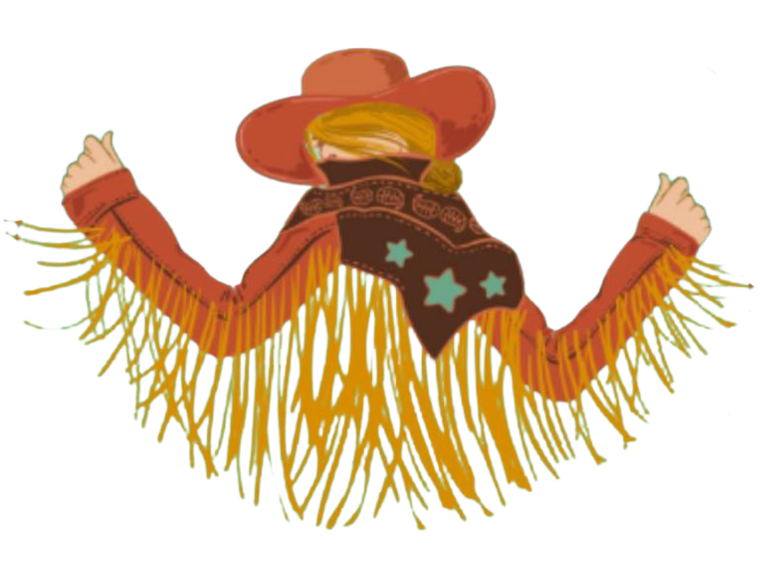 the cowgirl art collective logo which is a cowgirl with fringe jacket with her arms up in celebration