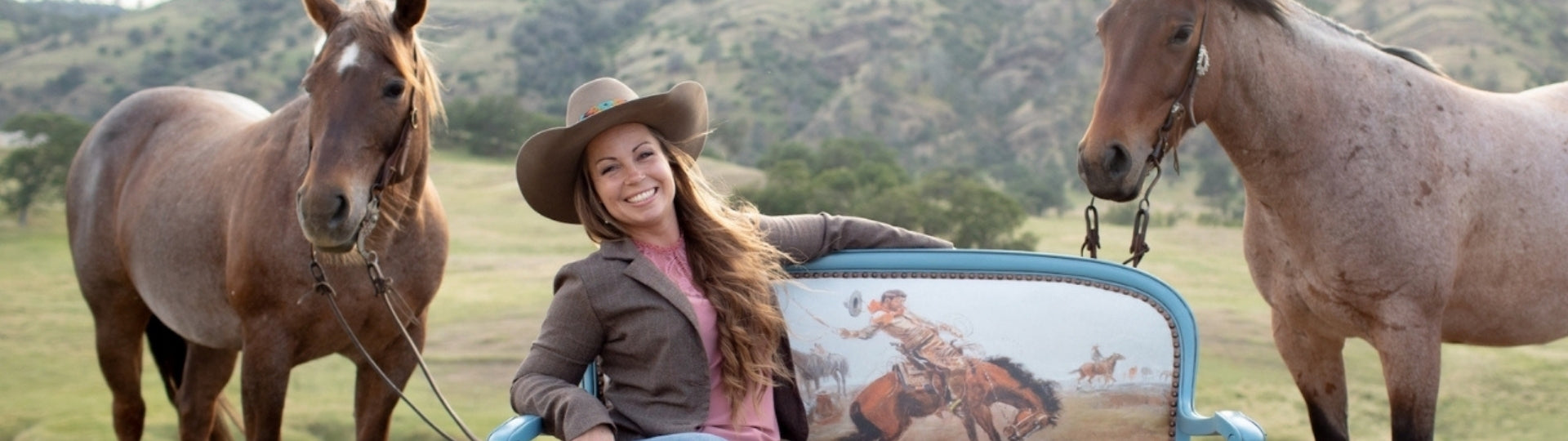 sierra founder on upholstered seat with her horses