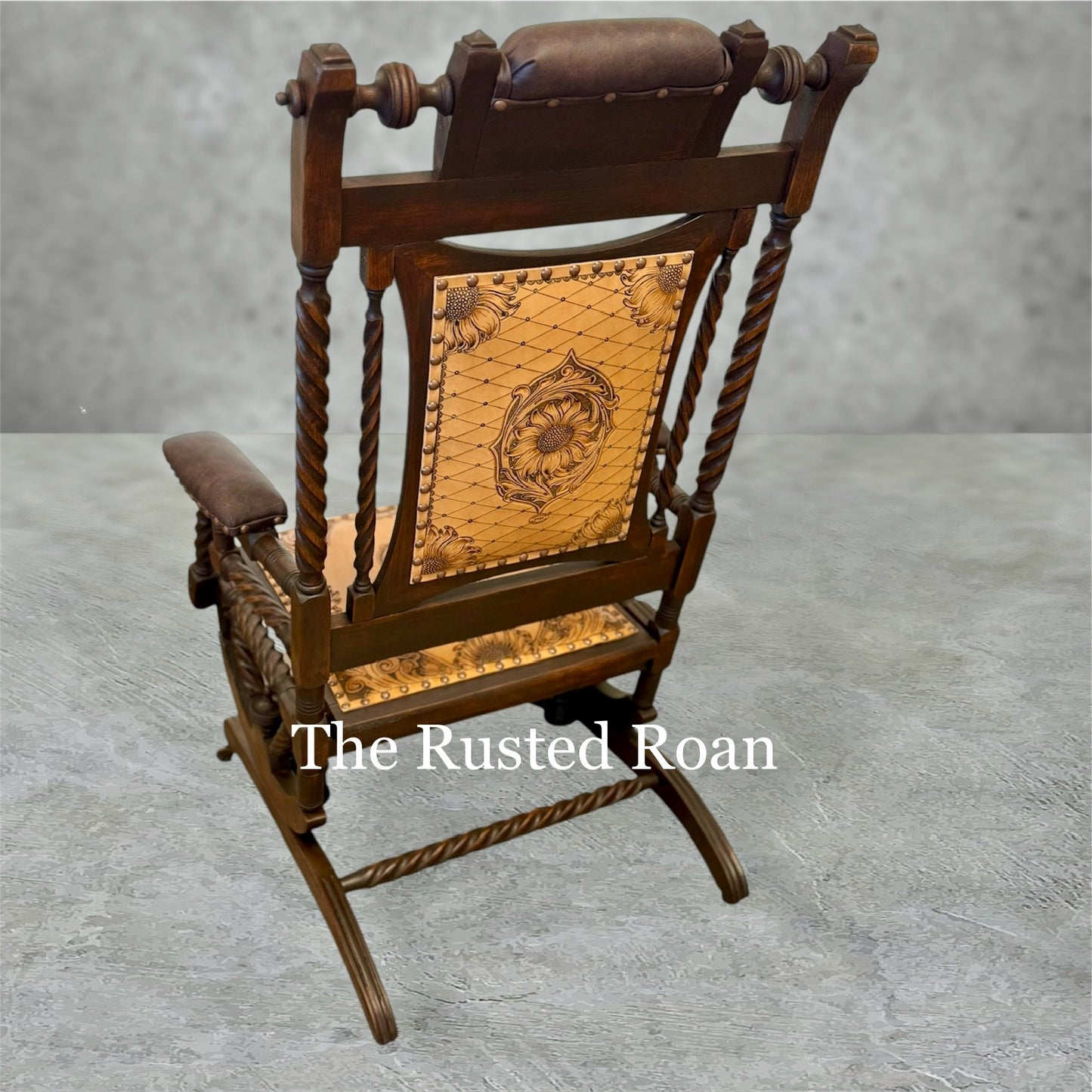 hand tooled sunflower leather upholstered rocking chair back 
