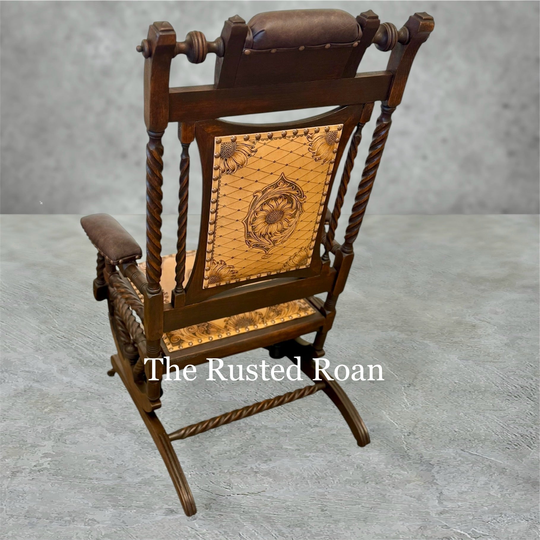 hand tooled sunflower leather upholstered rocking chair back 