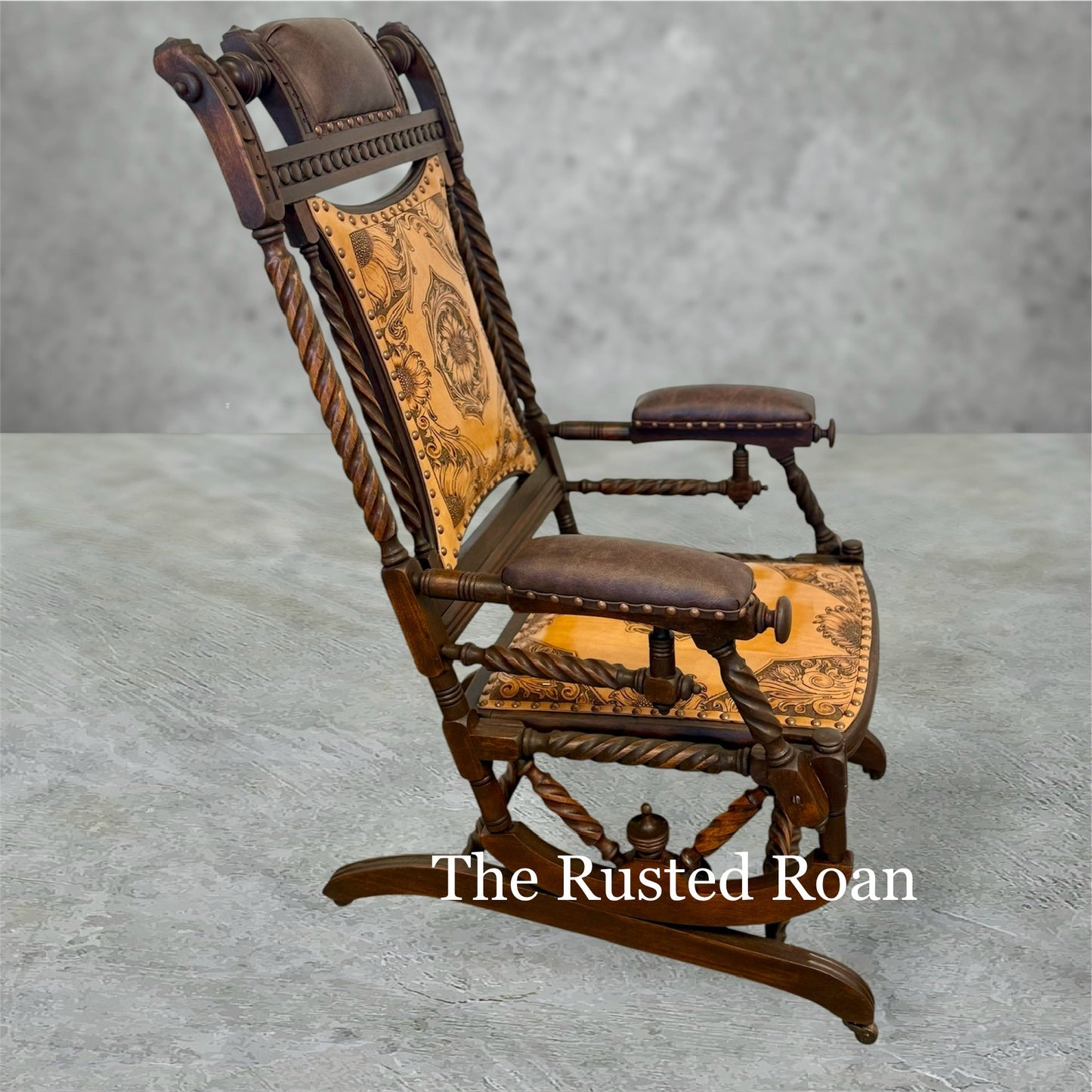 hand tooled sunflower leather upholstered rocking chair side view