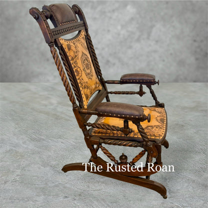 hand tooled sunflower leather upholstered rocking chair side view